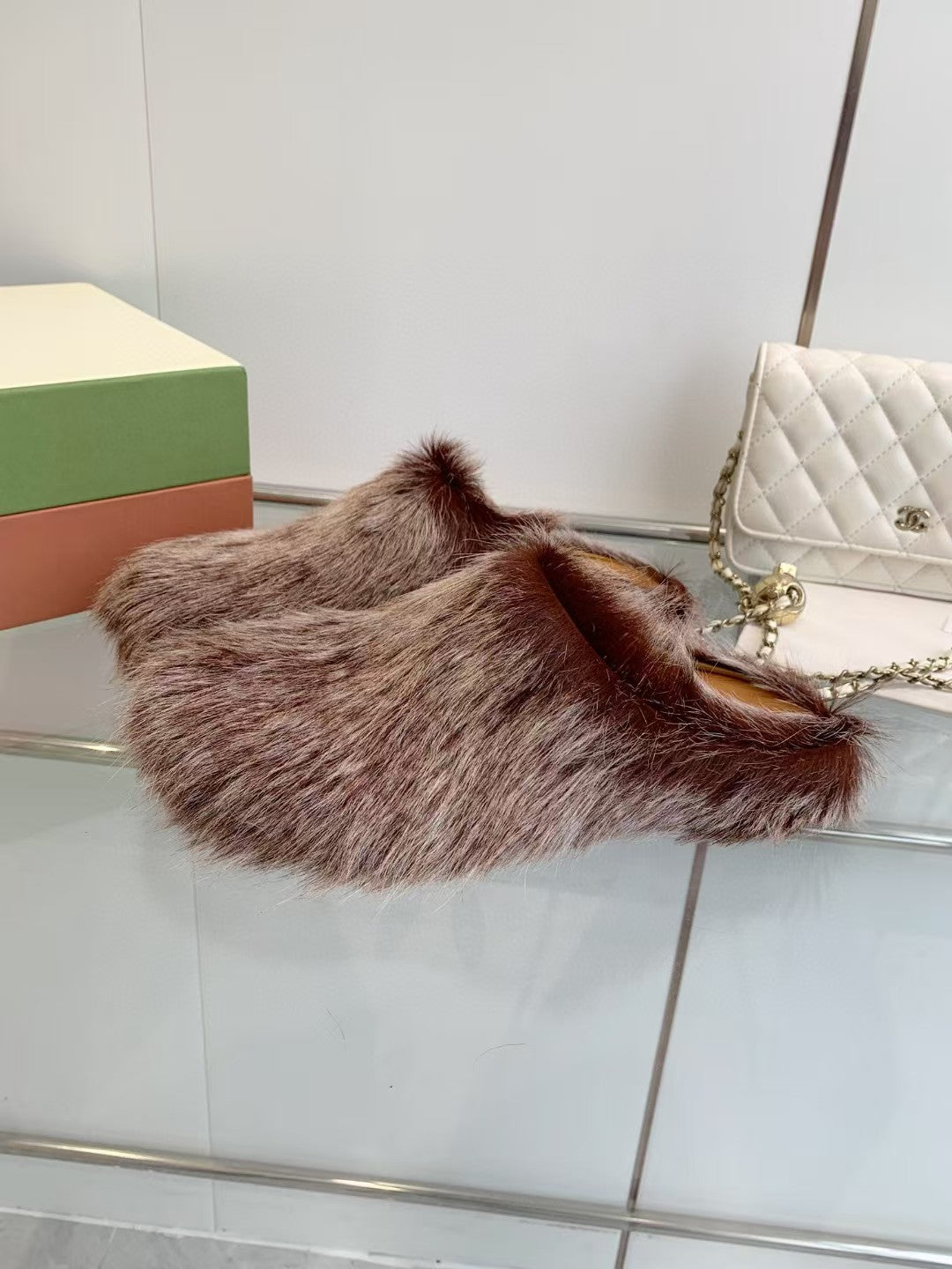 Marni Long Hair Calfskin Fussbett Sabot Brown Beige