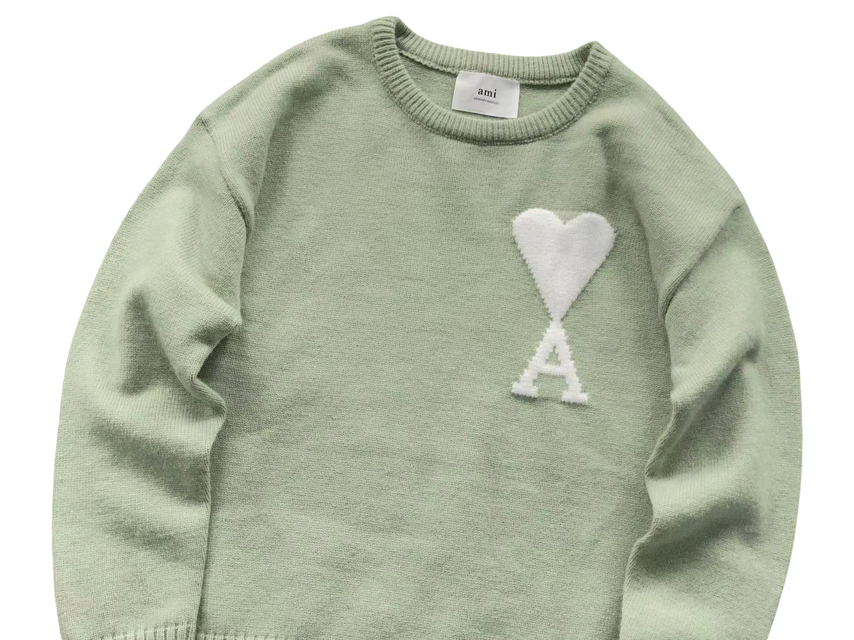 AMI Paris Maxi White Heart Knit Sweater Mint