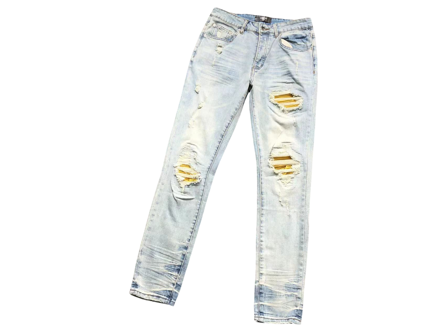 AMIRI Yellow Hole Denim Jeans Blue