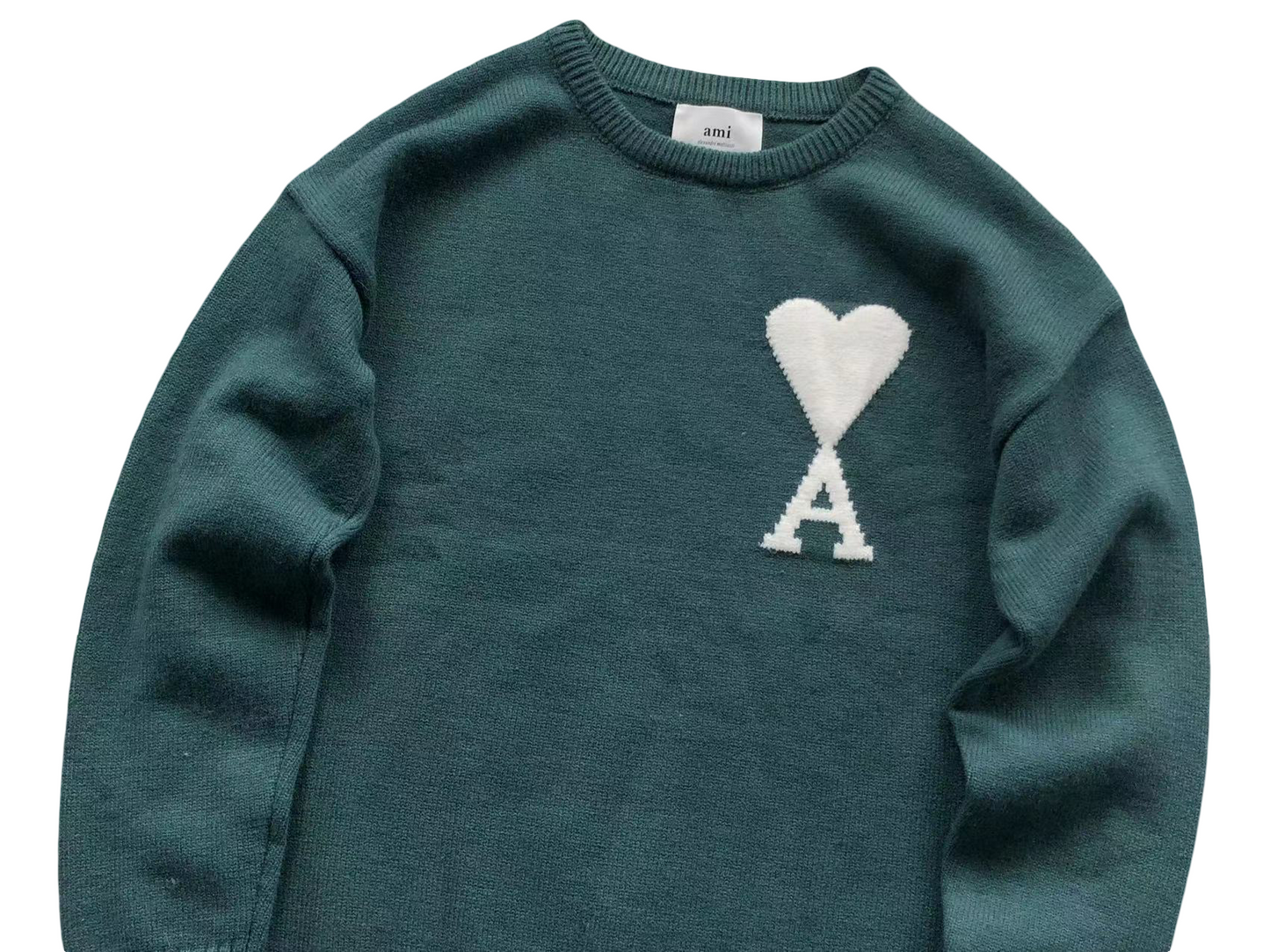 AMI Paris Maxi White Heart Knit Sweater Teal