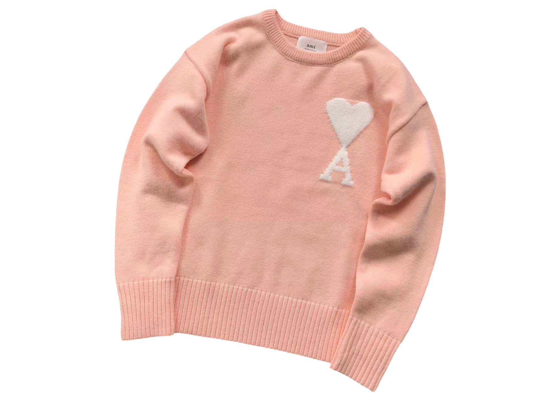 AMI Paris Maxi White Heart Knit Sweater Pink