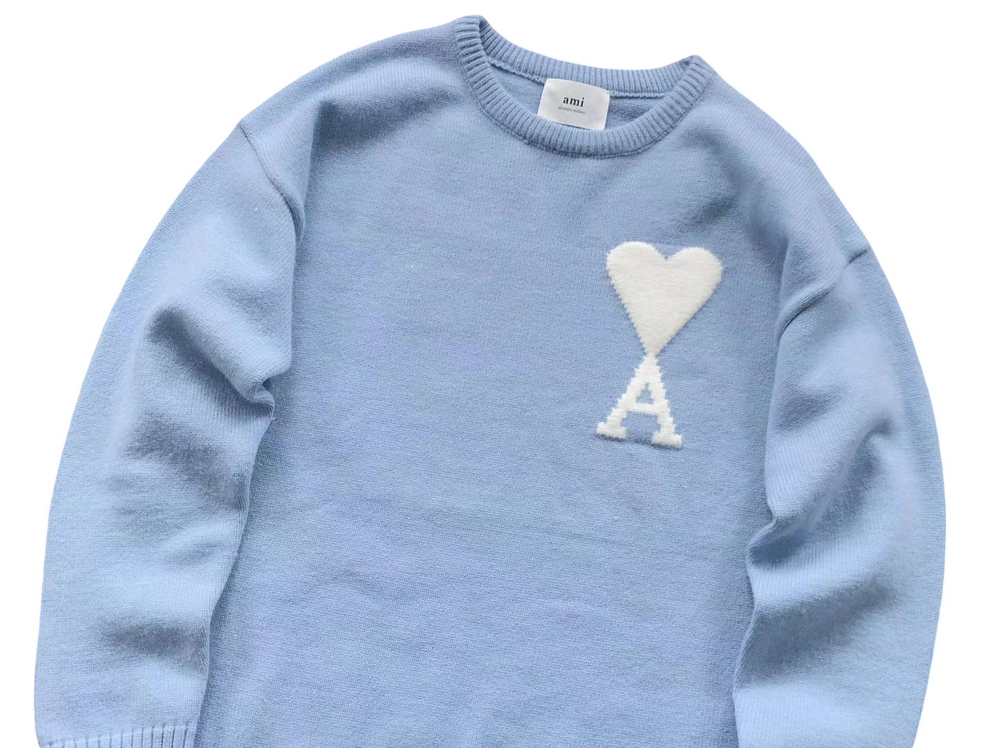 AMI Paris Maxi White Heart Knit Sweater Blue