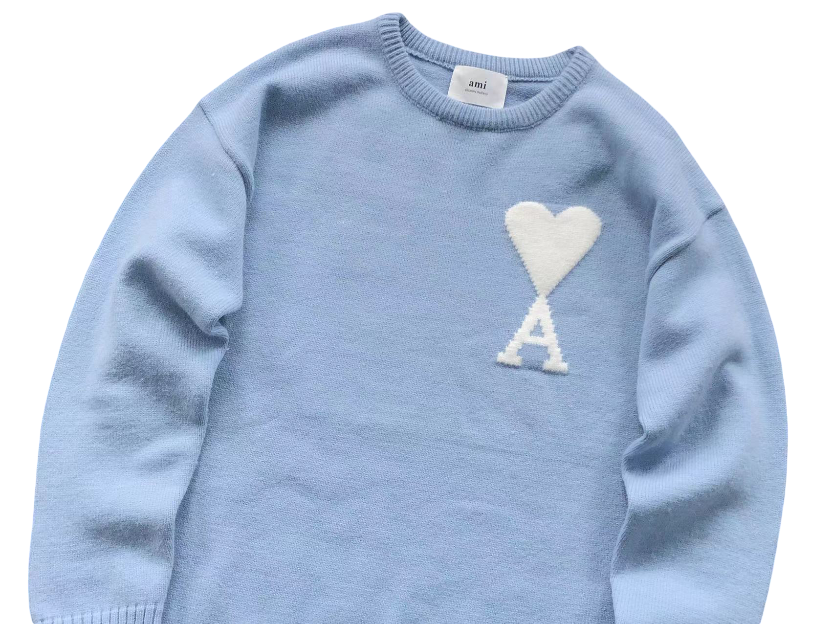 AMI Paris Maxi White Heart Knit Sweater Blue