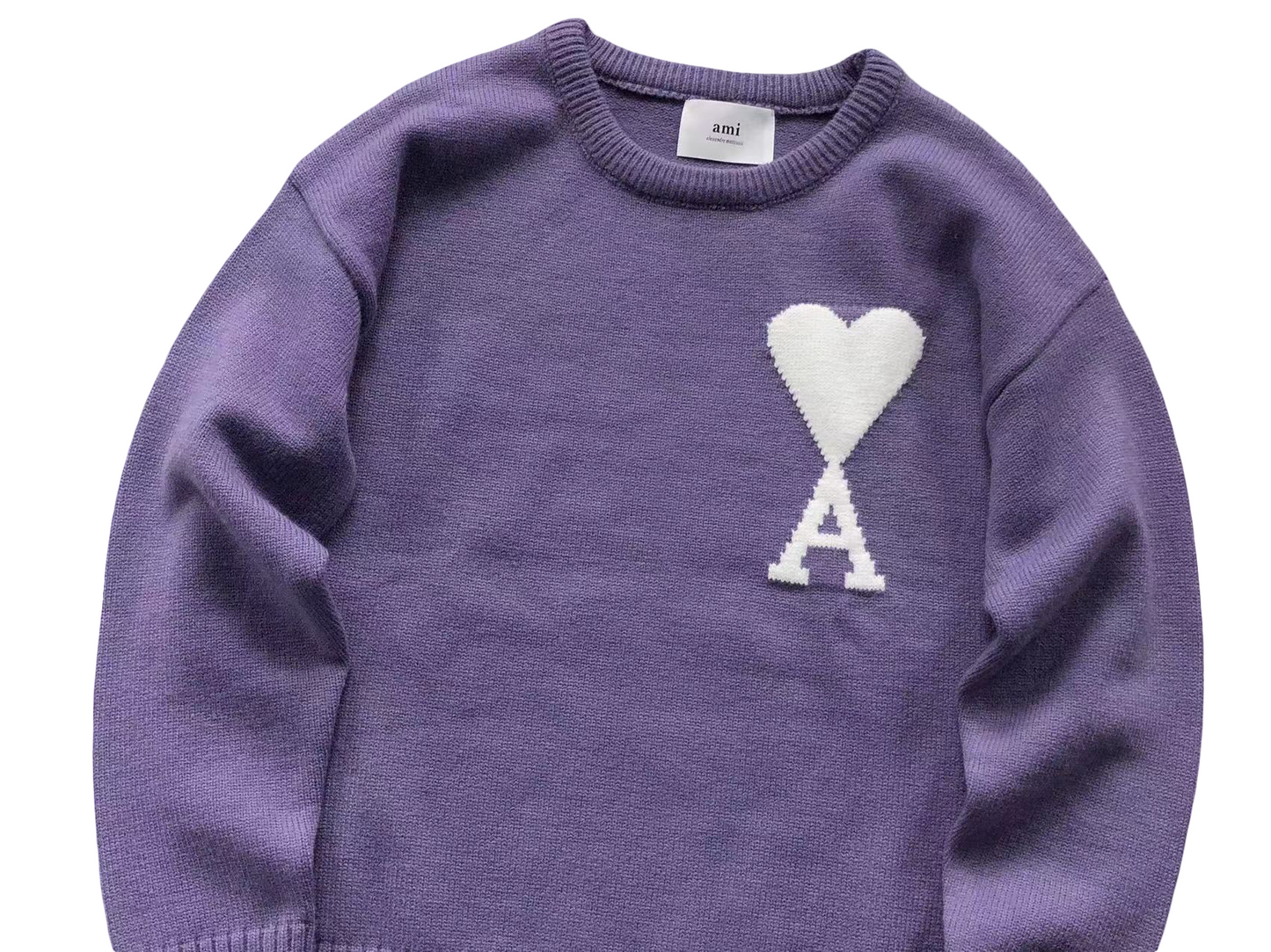 AMI Paris Maxi White Heart Knit Sweater Purple