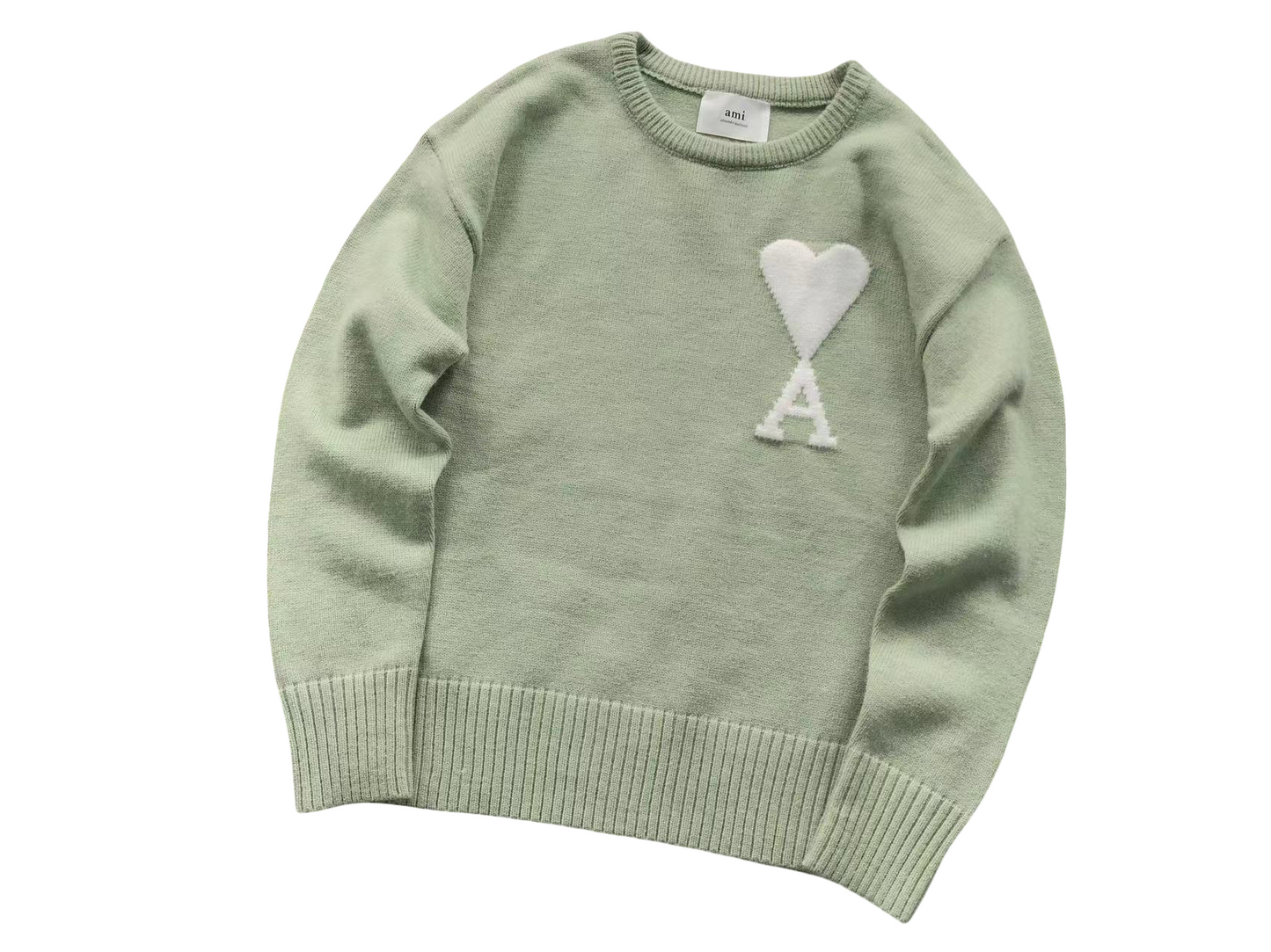 AMI Paris Maxi White Heart Knit Sweater Mint