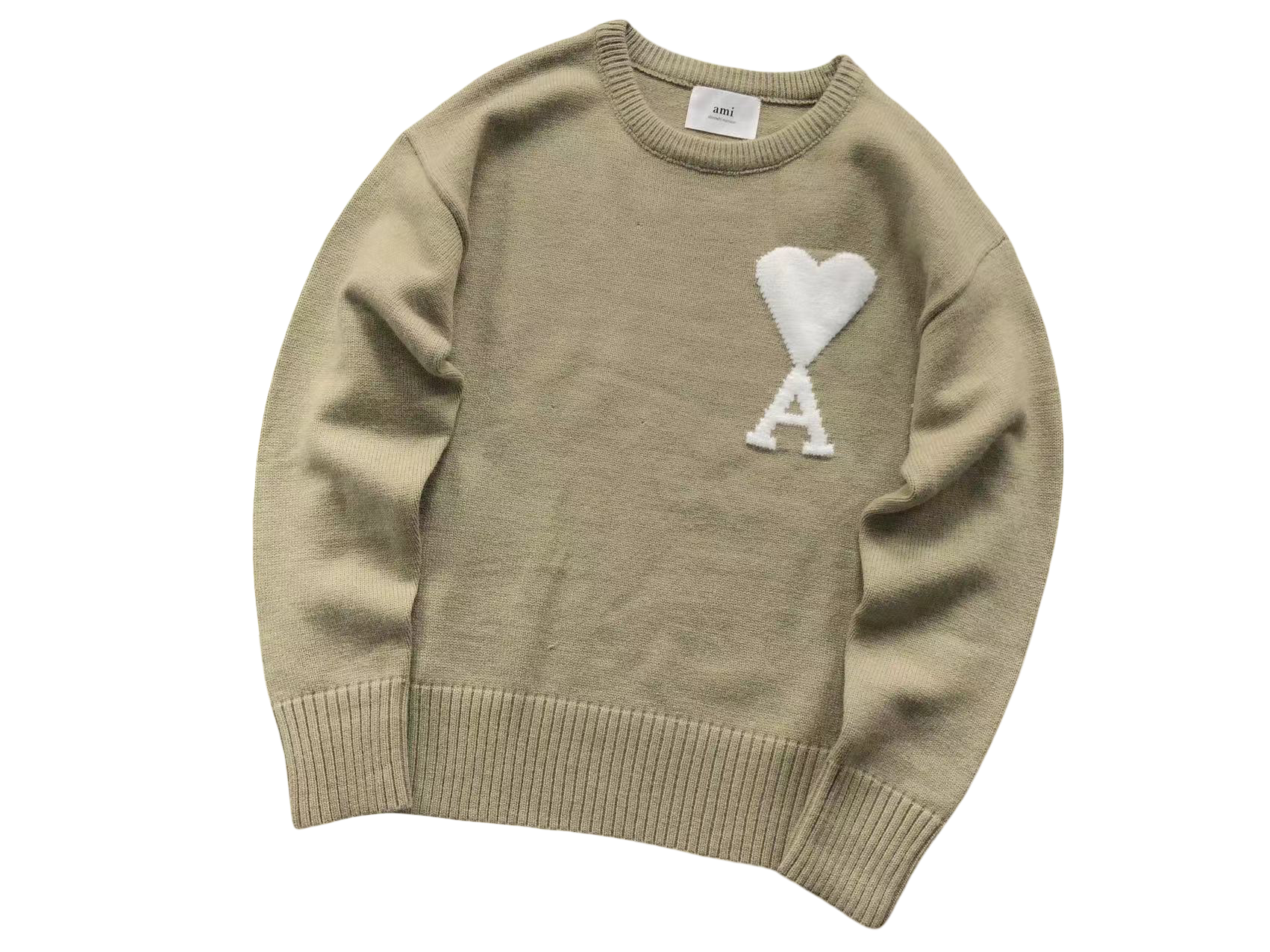 AMI Paris Maxi White Heart Knit Sweater Sand