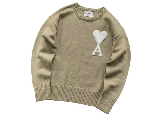 AMI Paris Maxi White Heart Knit Sweater Sand
