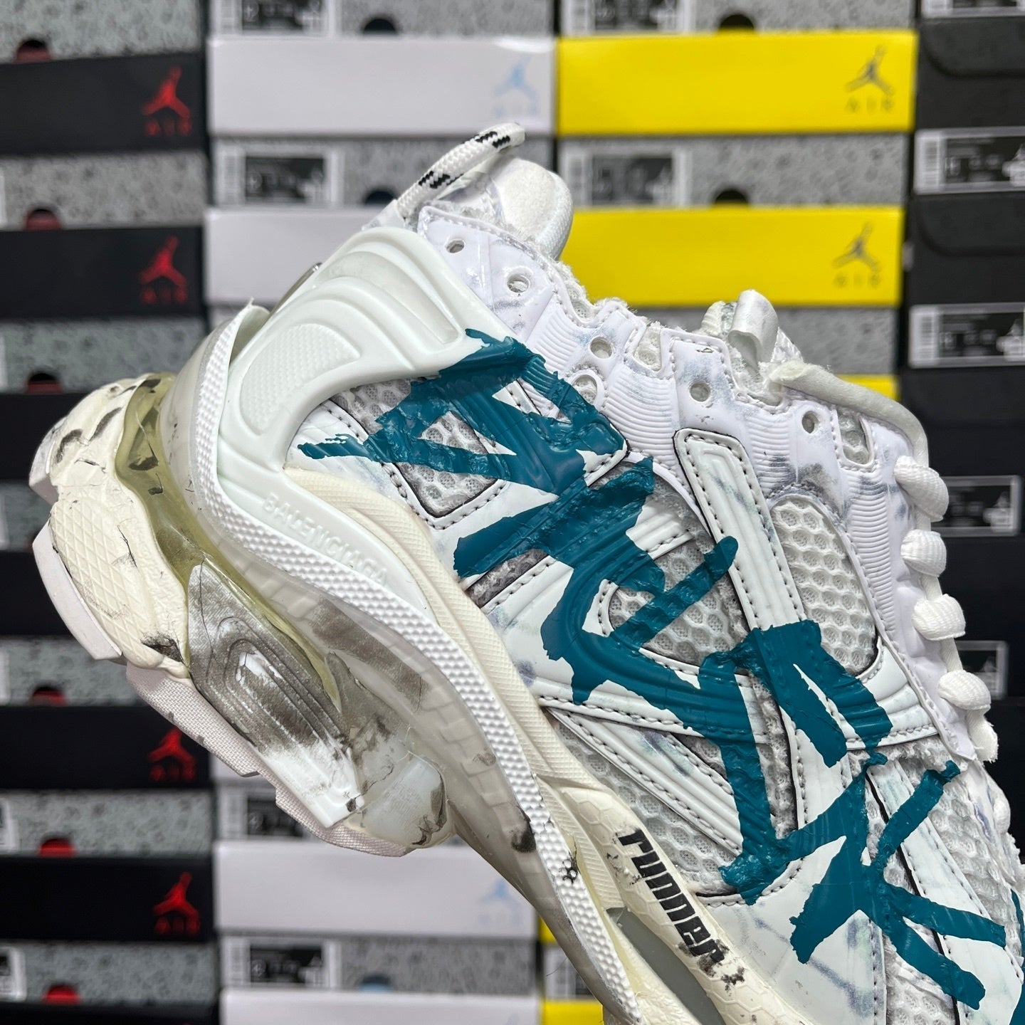 Balenciaga Runner 7.5 White Blue Dirty Graffiti