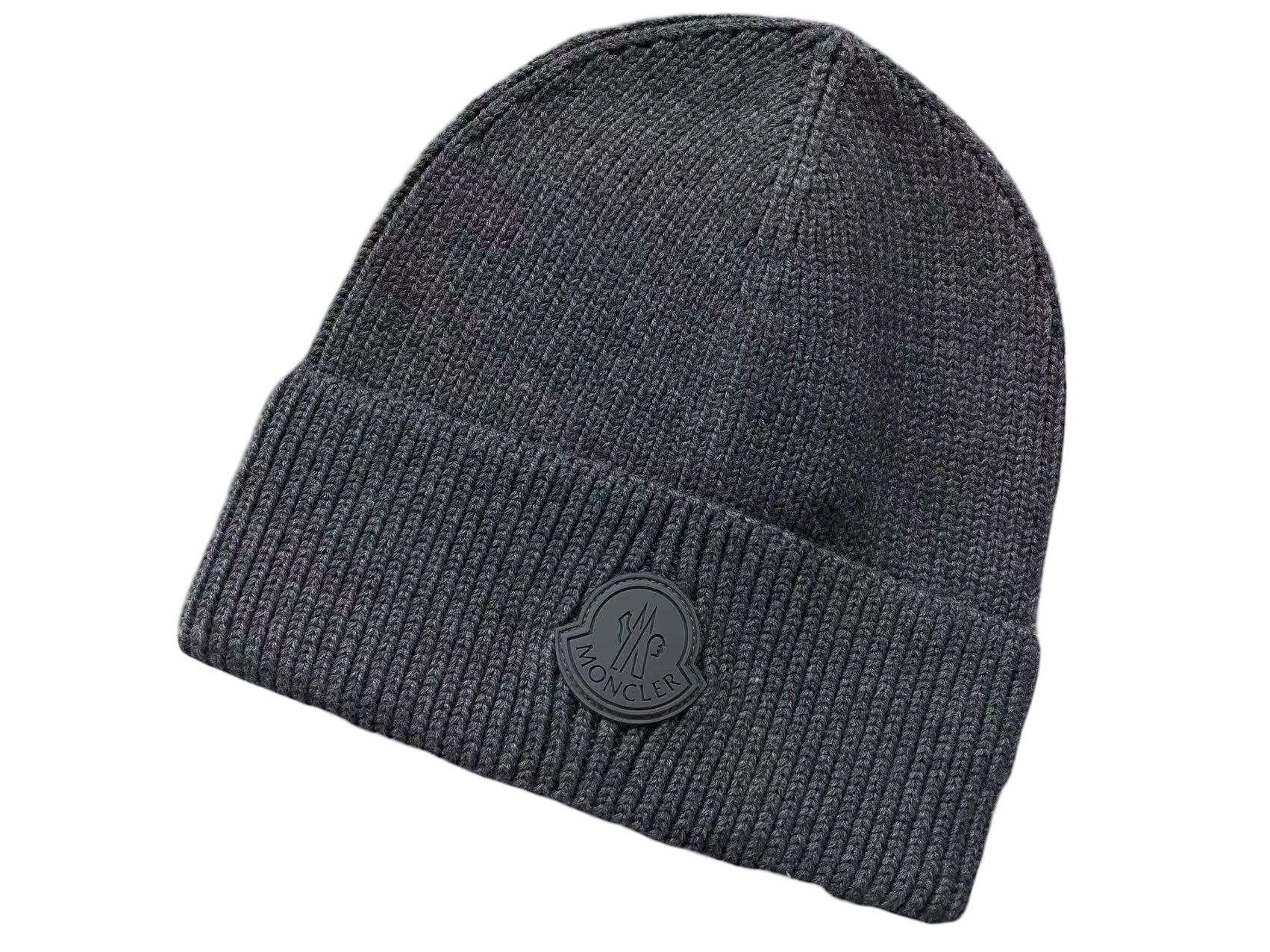 Moncler Black Logo Beanie Grey