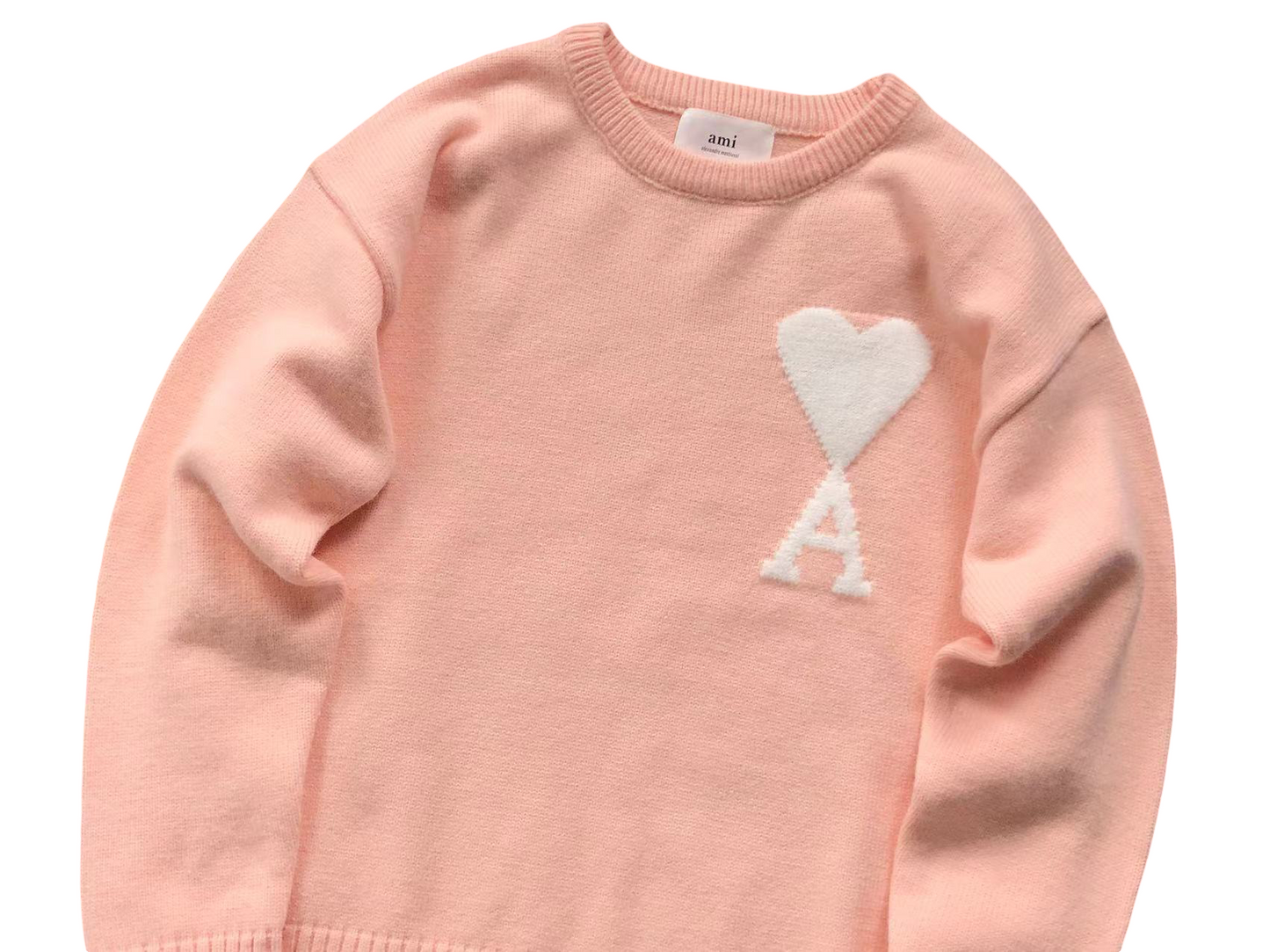AMI Paris Maxi White Heart Knit Sweater Pink