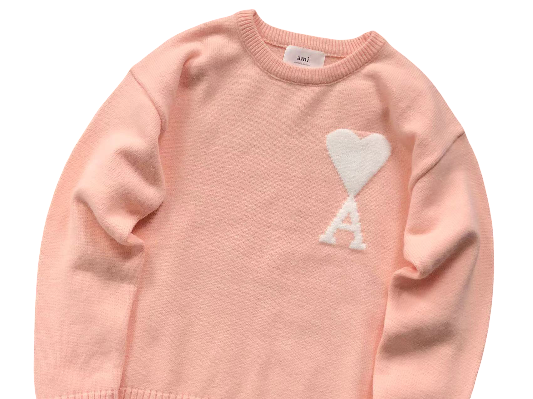 AMI Paris Maxi White Heart Knit Sweater Pink