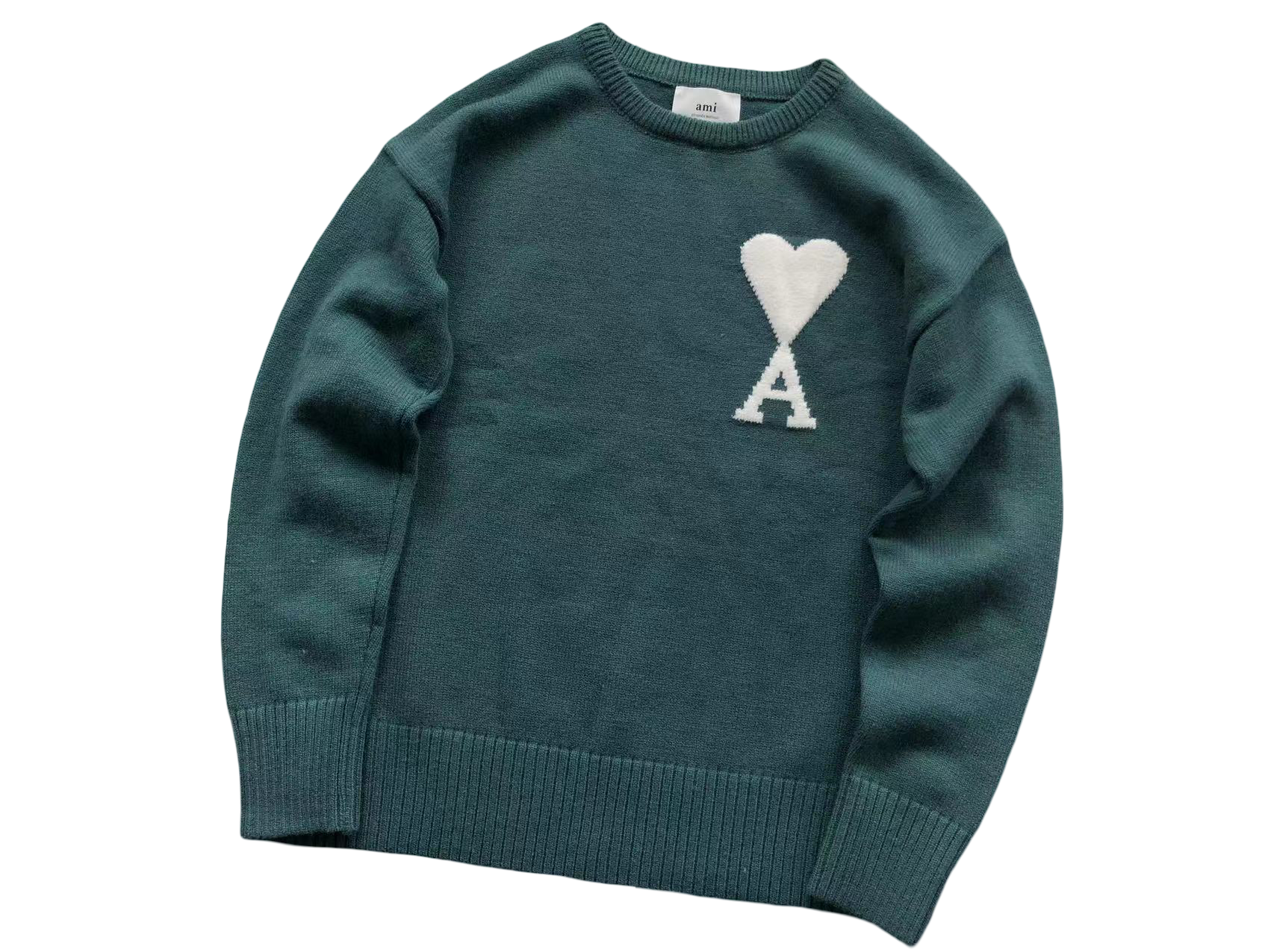 AMI Paris Maxi White Heart Knit Sweater Teal