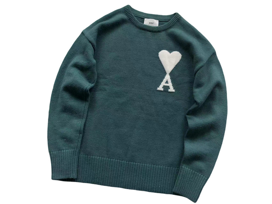 AMI Paris Maxi White Heart Knit Sweater Teal