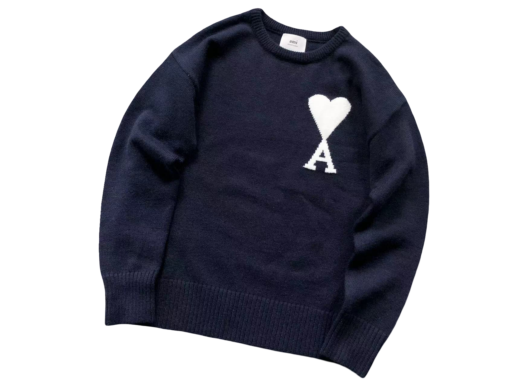 AMI Paris Maxi White Heart Knit Sweater Navy