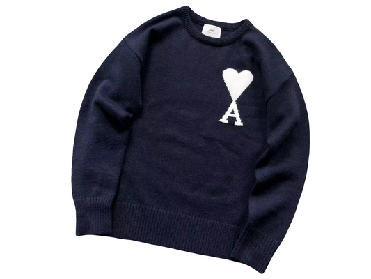 AMI Paris Maxi White Heart Knit Sweater Navy