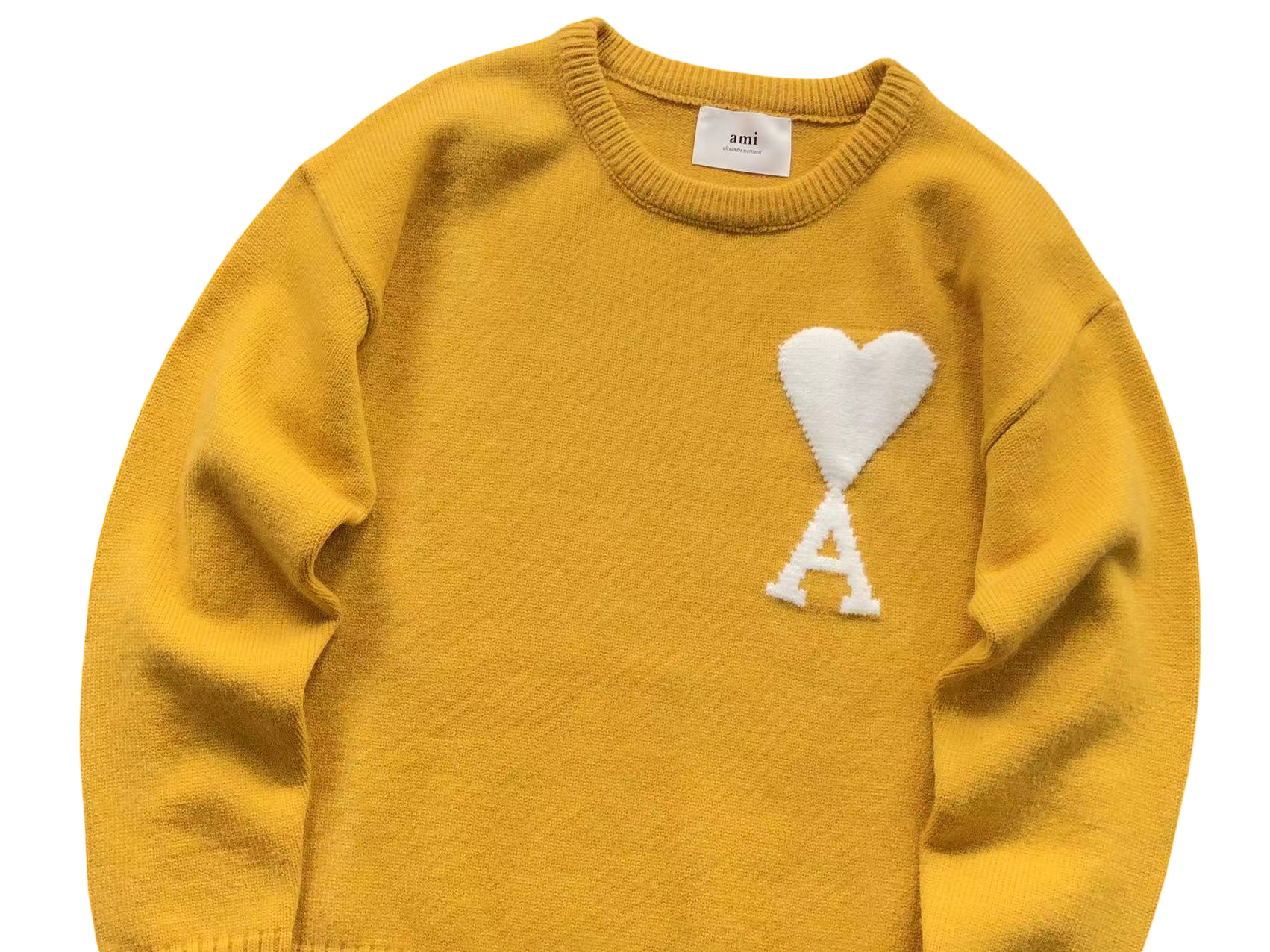 AMI Paris Maxi White Heart Knit Sweater Yellow
