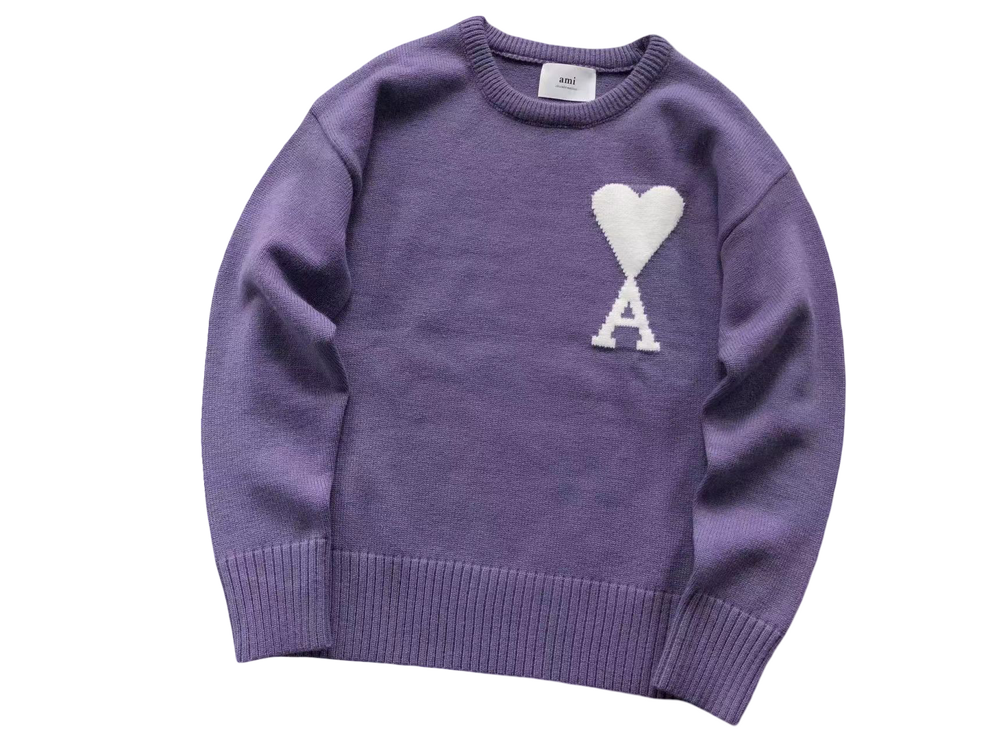 AMI Paris Maxi White Heart Knit Sweater Purple