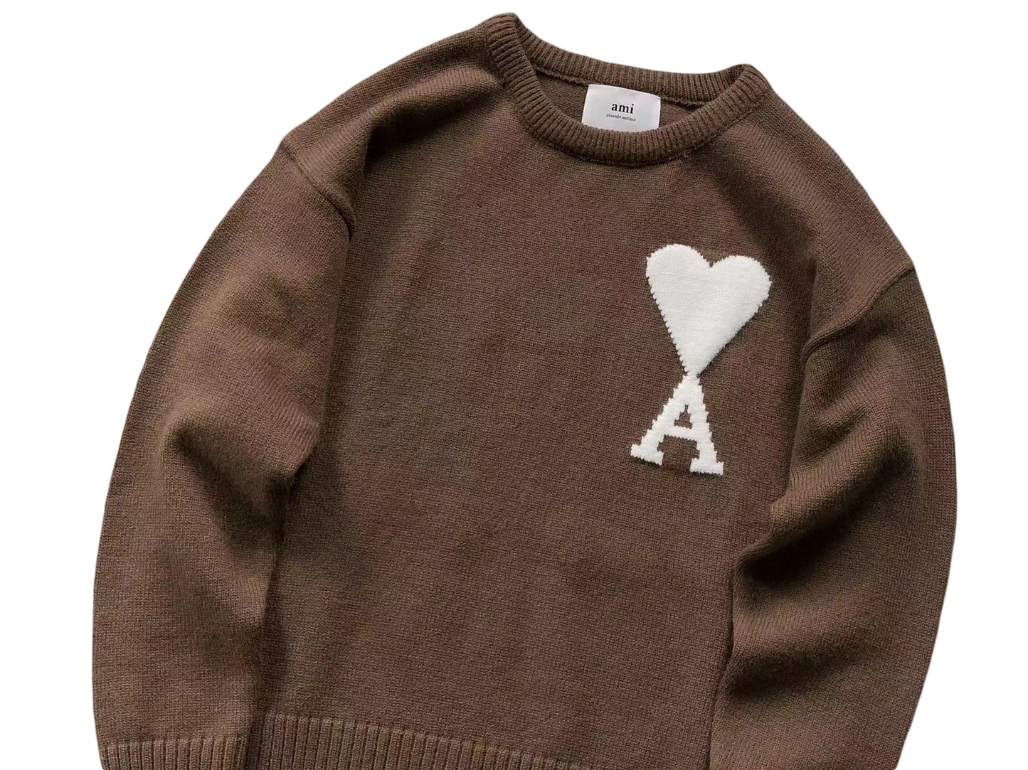 AMI Paris Maxi White Heart Knit Sweater Brown