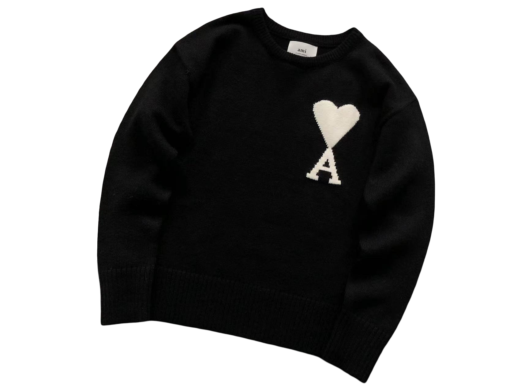 AMI Paris Maxi White Heart Knit Sweater Black