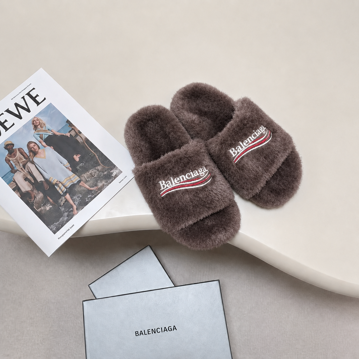 Balenciaga Furry Velvet Slide Brown