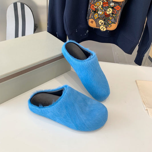 Marni Long Hair Calfskin Fussbett Sabot Blue