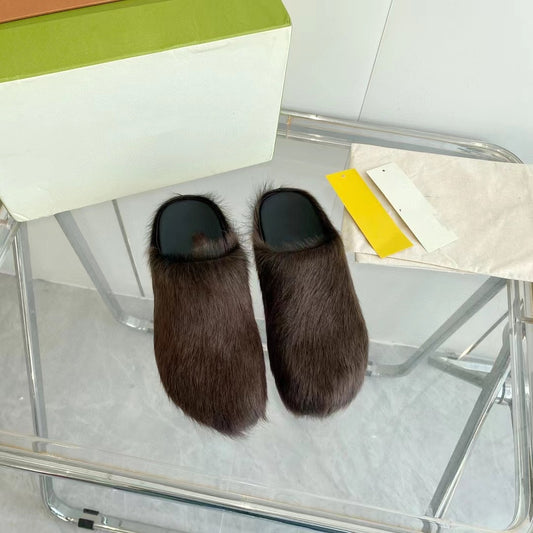 Marni Long Hair Calfskin Fussbett Sabot Brown