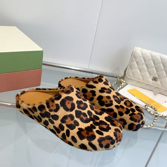 Marni Long Hair Calfskin Fussbett Sabot Leopard