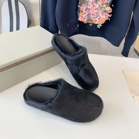 Marni Long Hair Calfskin Fussbett Sabot Black