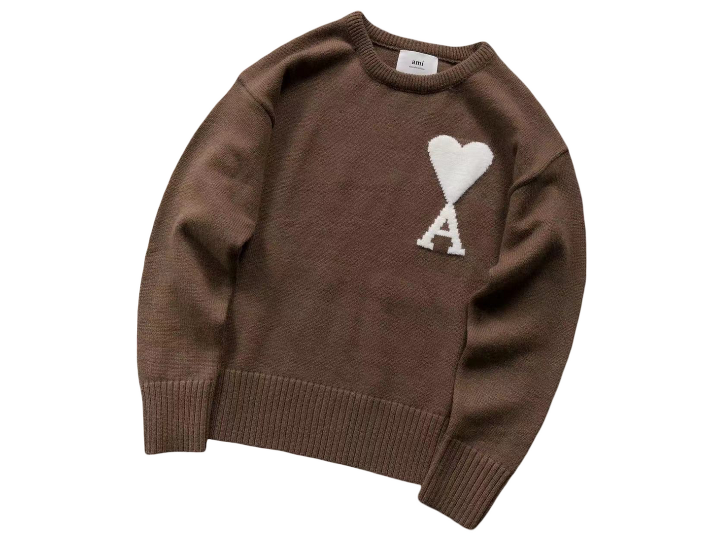 AMI Paris Maxi White Heart Knit Sweater Brown