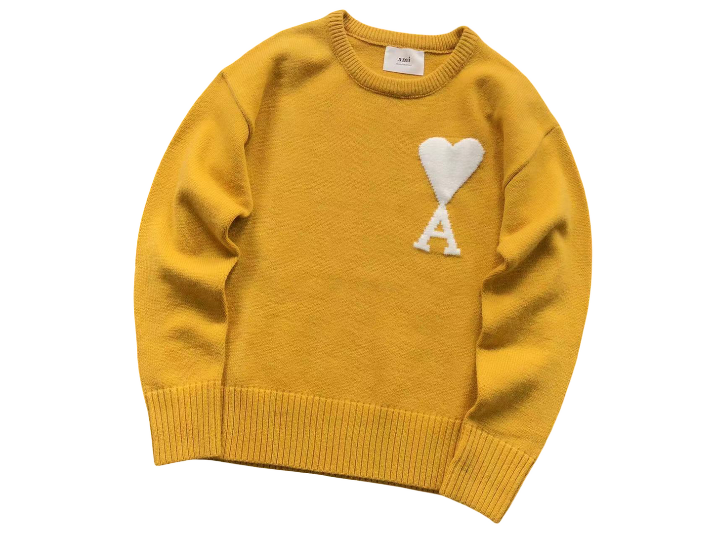 AMI Paris Maxi White Heart Knit Sweater Yellow