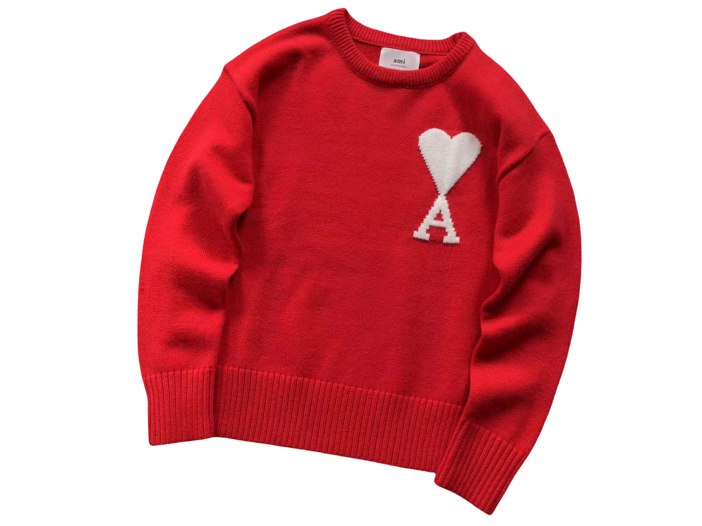 AMI Paris Maxi White Heart Knit Sweater Red