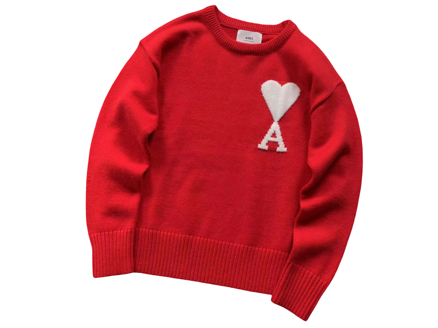 AMI Paris Maxi White Heart Knit Sweater Red