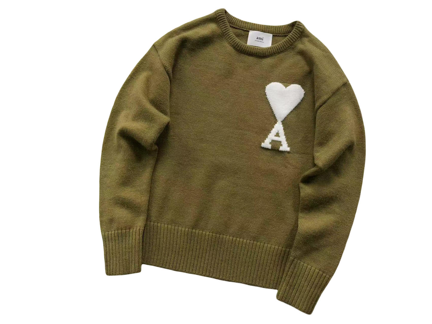 AMI Paris Maxi White Heart Knit Sweater Khaki