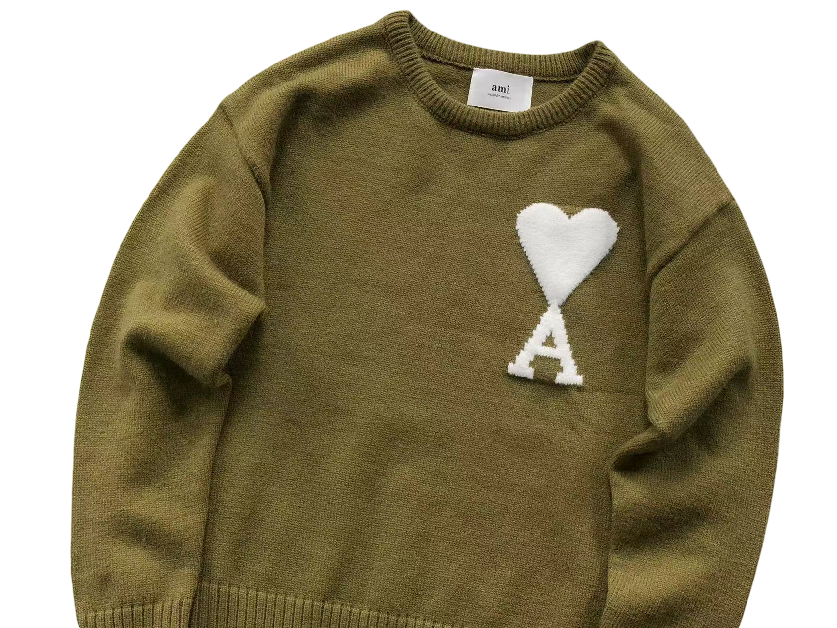 AMI Paris Maxi White Heart Knit Sweater Khaki
