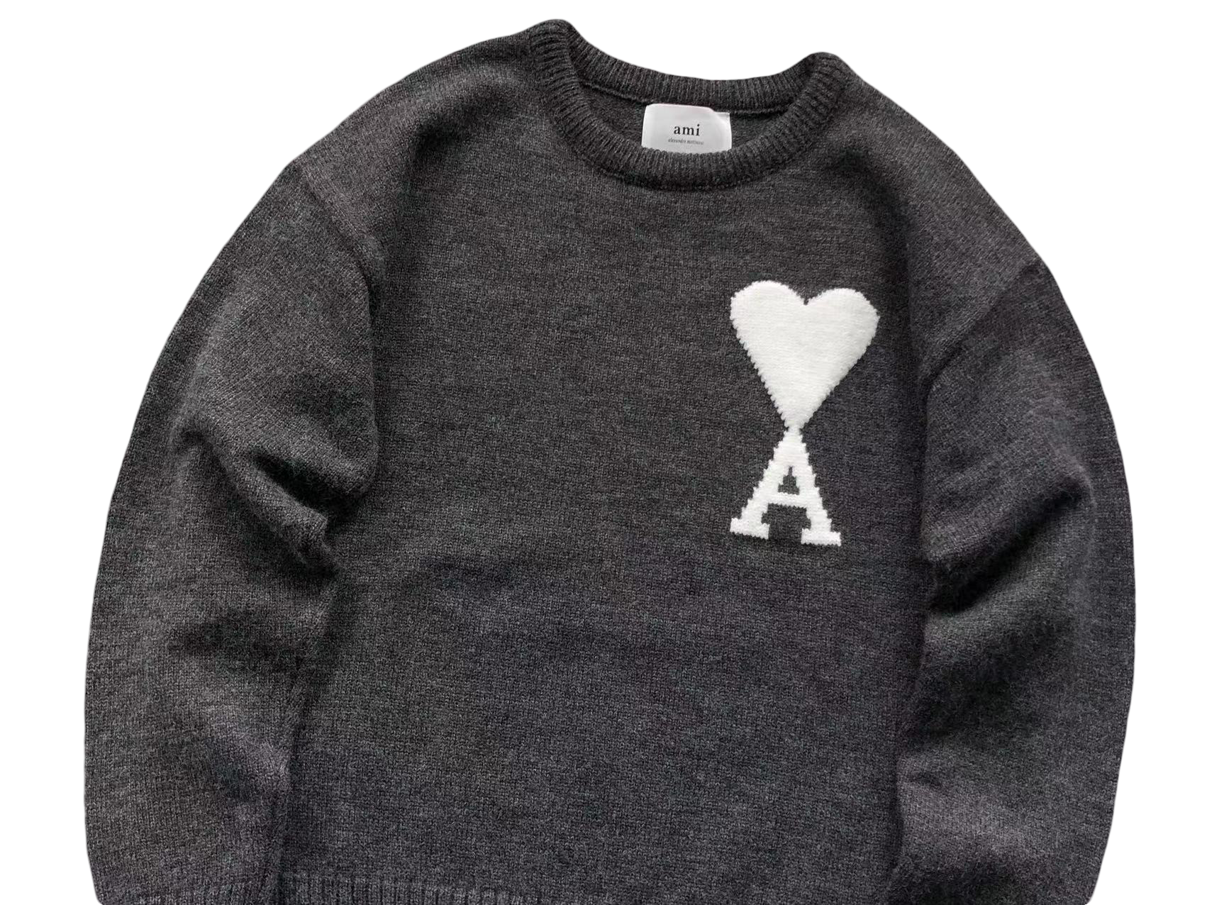 AMI Paris Maxi White Heart Knit Sweater Anthracite