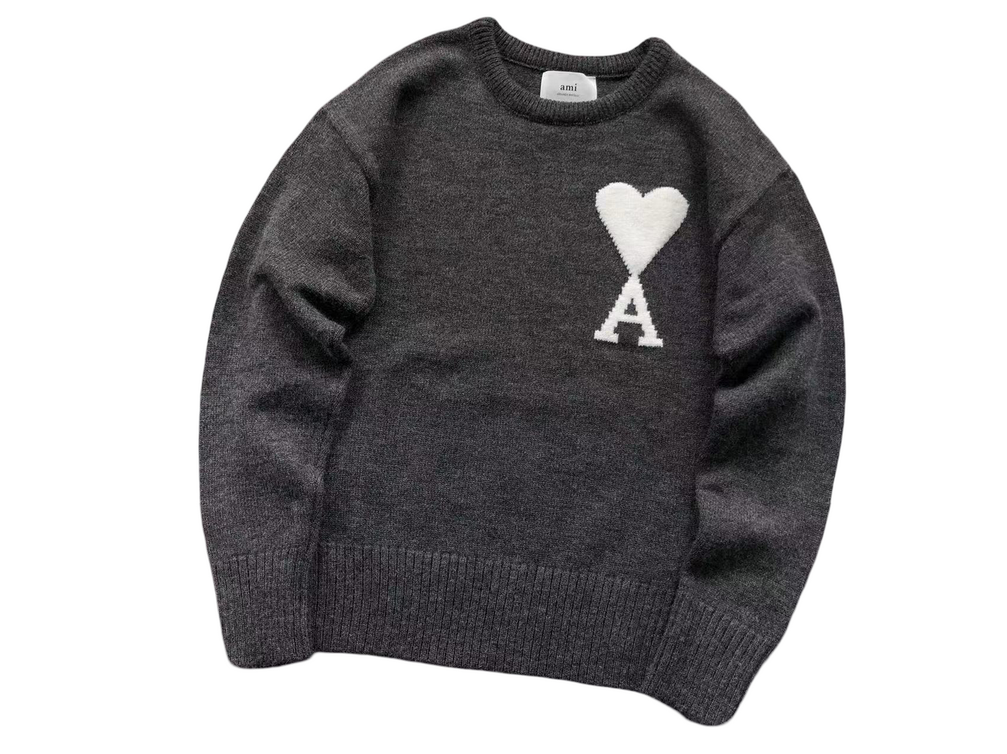 AMI Paris Maxi White Heart Knit Sweater Anthracite