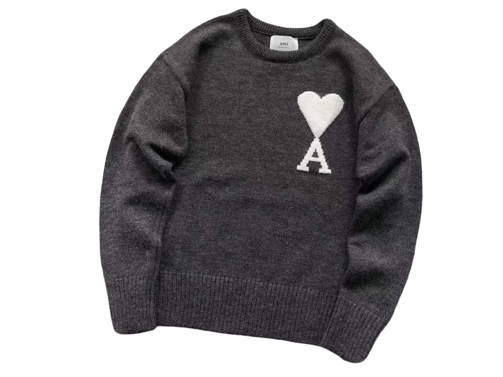 AMI Paris Maxi White Heart Knit Sweater Anthracite