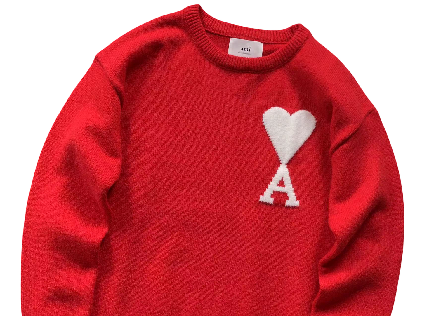 AMI Paris Maxi White Heart Knit Sweater Red