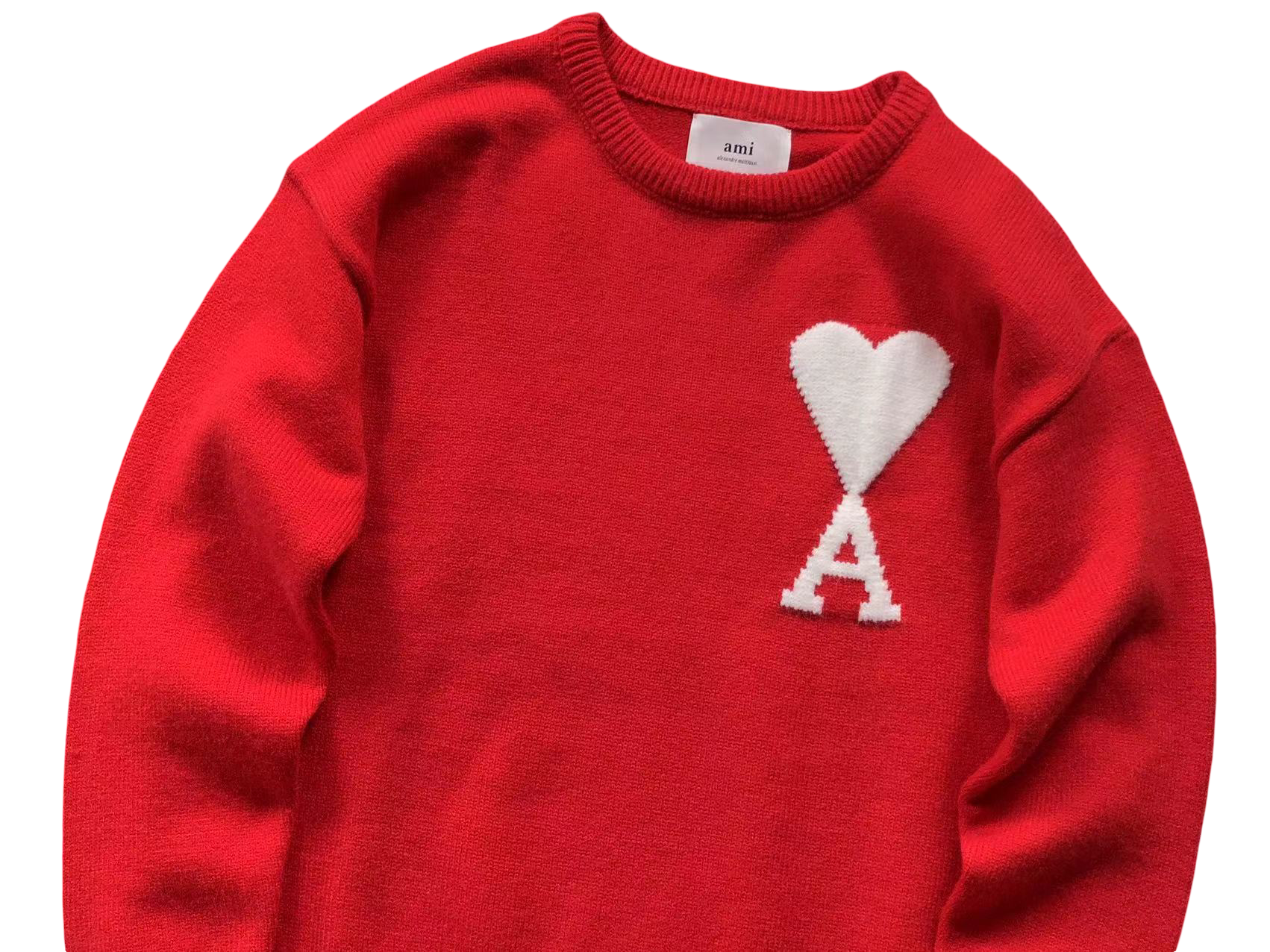 AMI Paris Maxi White Heart Knit Sweater Red